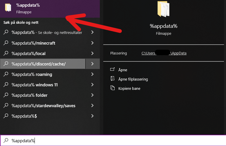 Bilde av en som søker etter %AppData% mappa i Windows.