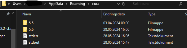 Bilde av Cura mappen inne i %AppData% mappa.
